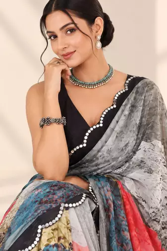 multicolor heavy silk blend printed saree with pape mirror work & mirror border