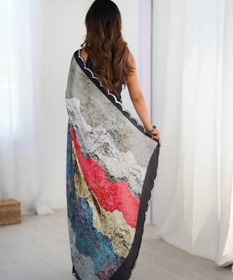 multicolor heavy silk blend printed saree with pape mirror work & mirror border 3