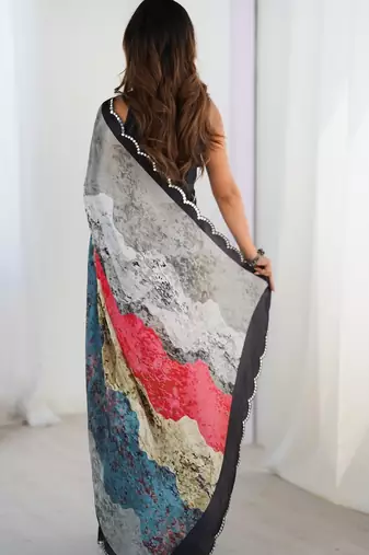 multicolor heavy silk blend printed saree with pape mirror work & mirror border
