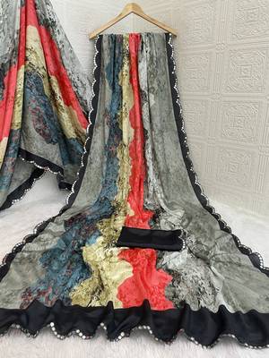 multicolor heavy silk blend printed saree with pape mirror work & mirror border 4