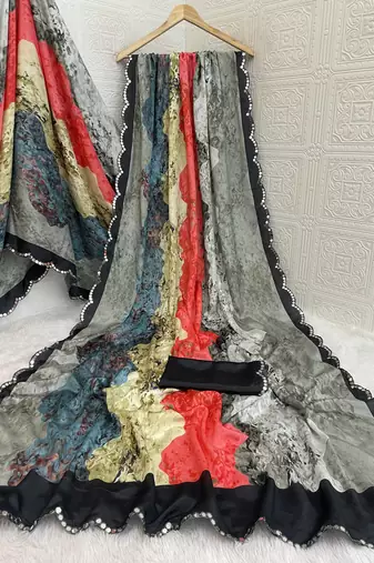 multicolor heavy silk blend printed saree with pape mirror work & mirror border