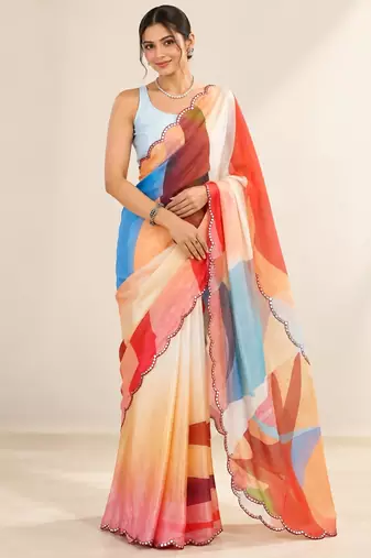 multicolor heavy silk blend printed saree with pape mirror work & mirror border