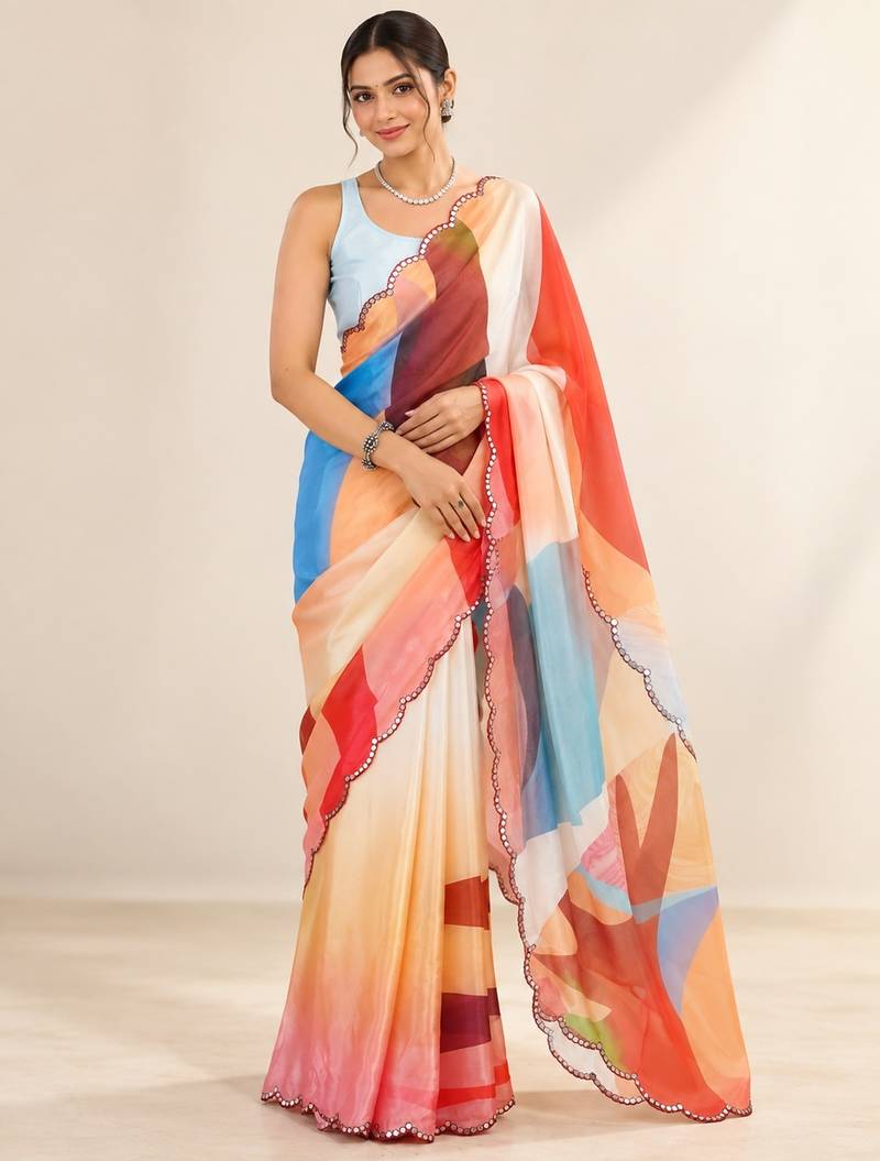 multicolor heavy silk blend printed saree with pape mirror work & mirror border
