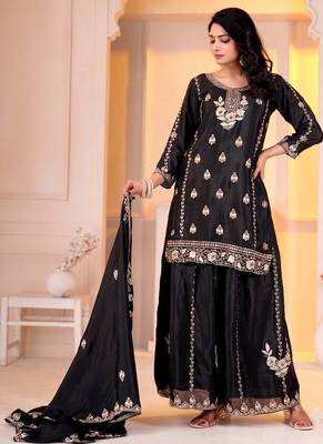 Women's black embroidered kurta with sharara and dupatta set 3