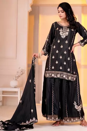 Women's black embroidered kurta with sharara and dupatta set