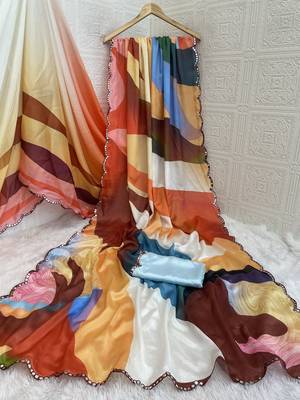 multicolor heavy silk blend printed saree with pape mirror work & mirror border 4