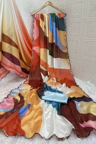 multicolor heavy silk blend printed saree with pape mirror work & mirror border