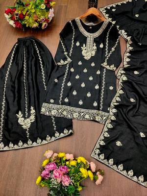 Women's black embroidered kurta with sharara and dupatta set 4