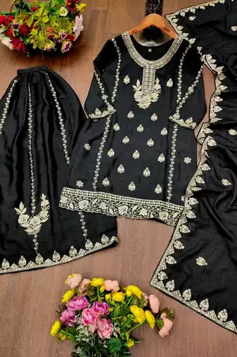 Women's black embroidered kurta with sharara and dupatta set