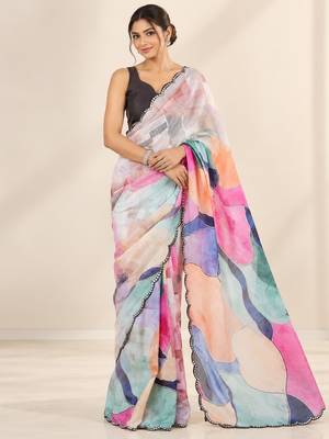 multicolor heavy silk blend printed saree with pape mirror work & mirror border 1