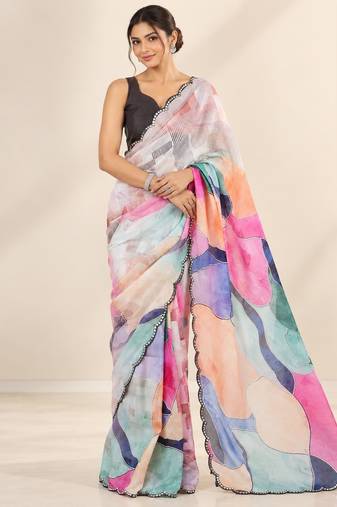 multicolor heavy silk blend printed saree with pape mirror work & mirror border