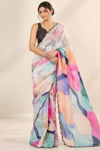 multicolor heavy silk blend printed saree with pape mirror work & mirror border