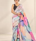multicolor heavy silk blend printed saree with pape mirror work & mirror border