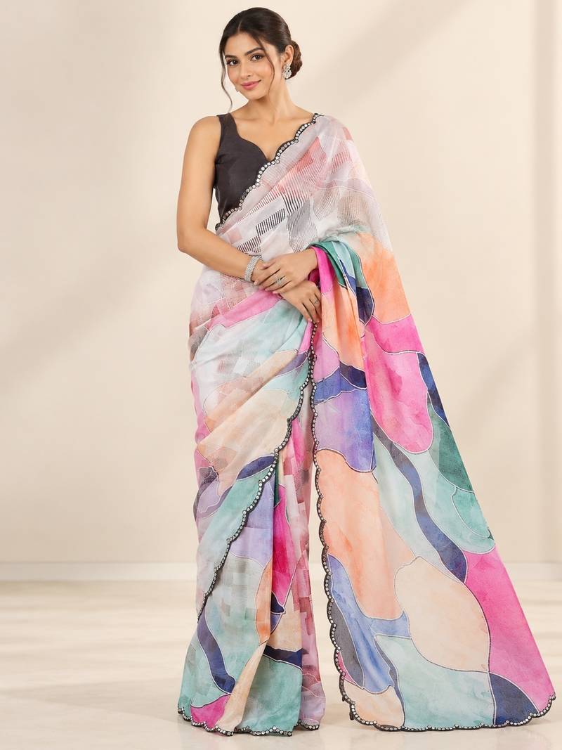 multicolor heavy silk blend printed saree with pape mirror work & mirror border