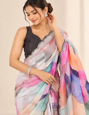 multicolor heavy silk blend printed saree with pape mirror work & mirror border 2