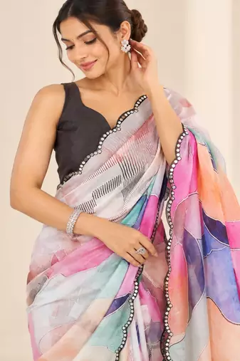 multicolor heavy silk blend printed saree with pape mirror work & mirror border