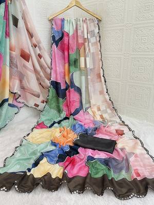 multicolor heavy silk blend printed saree with pape mirror work & mirror border 4