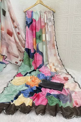 multicolor heavy silk blend printed saree with pape mirror work & mirror border
