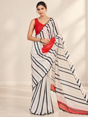 off white heavy silk blend printed saree with pape mirror work & mirror border 1