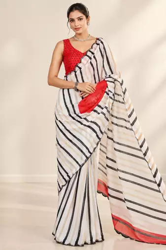 off white heavy silk blend printed saree with pape mirror work & mirror border