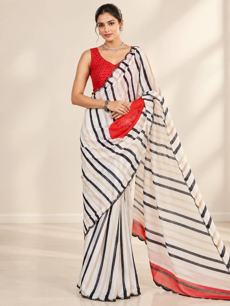 off white heavy silk blend printed saree with pape mirror work & mirror border