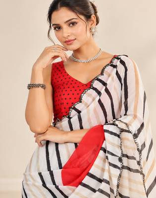 off white heavy silk blend printed saree with pape mirror work & mirror border 2