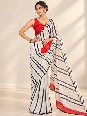 off white heavy silk blend printed saree with pape mirror work & mirror border 4