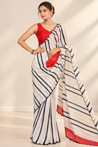 off white heavy silk blend printed saree with pape mirror work & mirror border