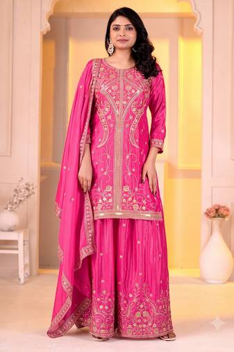 Women   s pink silk embroidered kurti with sharara and dupatta set
