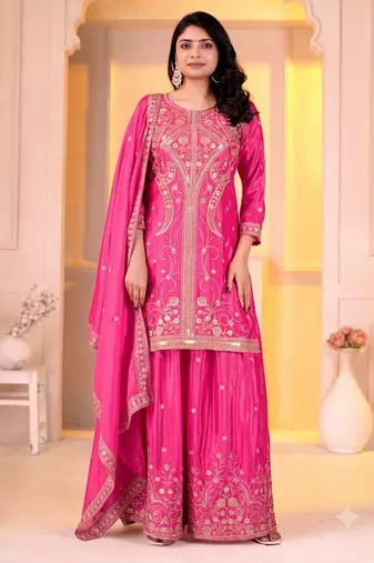 Women’s pink silk embroidered kurti with sharara and dupatta set