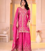 Women’s pink silk embroidered kurti with sharara and dupatta set