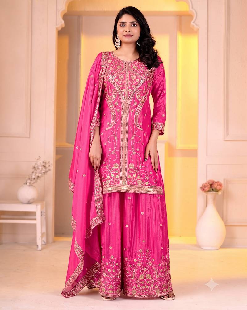 Women’s pink silk embroidered kurti with sharara and dupatta set