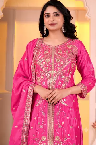Women’s pink silk embroidered kurti with sharara and dupatta set
