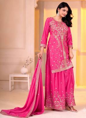 Women’s pink silk embroidered kurti with sharara and dupatta set 3