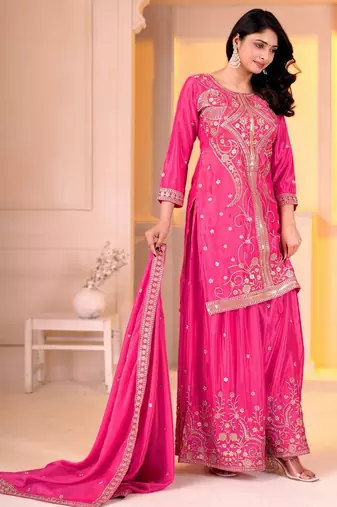 Women’s pink silk embroidered kurti with sharara and dupatta set