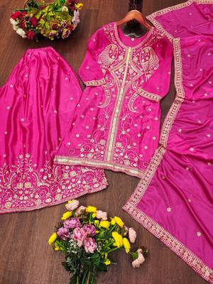 Women’s pink silk embroidered kurti with sharara and dupatta set 4