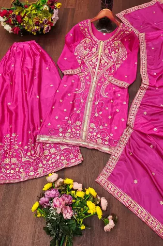 Women’s pink silk embroidered kurti with sharara and dupatta set