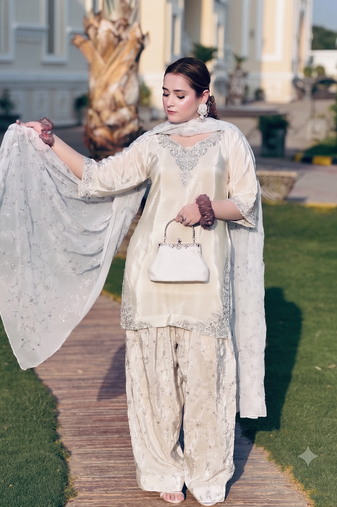 Festive special white embroidered farshi suit set 3-piece