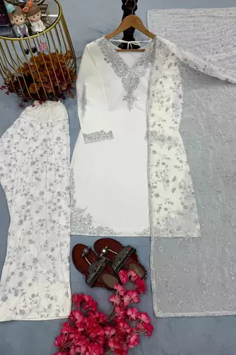 Festive special white embroidered farshi suit set 3-piece