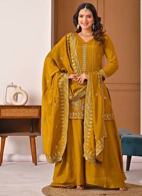 Trendy mustard embroidered kurti with flared palazzo and dupatta set 1