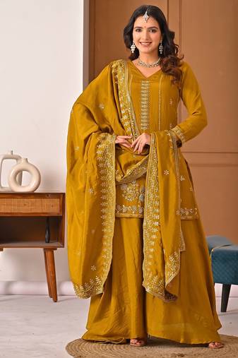 Trendy mustard embroidered kurti with flared palazzo and dupatta set