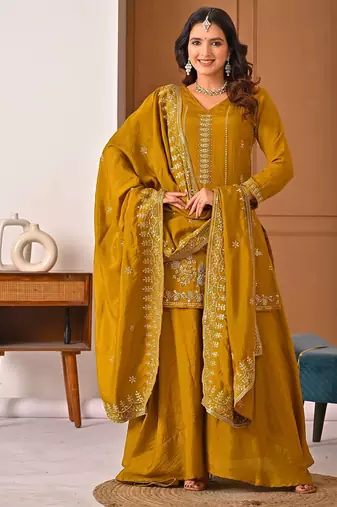 Trendy mustard embroidered kurti with flared palazzo and dupatta set