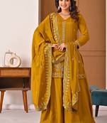 Trendy mustard embroidered kurti with flared palazzo and dupatta set