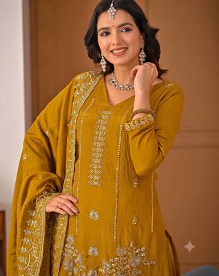 Trendy mustard embroidered kurti with flared palazzo and dupatta set 2