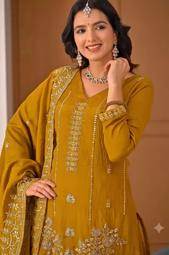 Trendy mustard embroidered kurti with flared palazzo and dupatta set