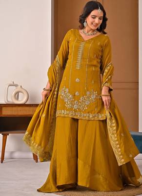 Trendy mustard embroidered kurti with flared palazzo and dupatta set 3