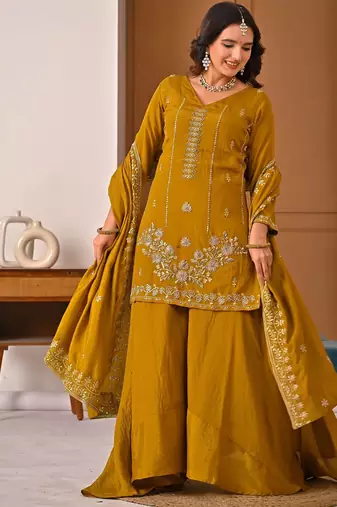 Trendy mustard embroidered kurti with flared palazzo and dupatta set