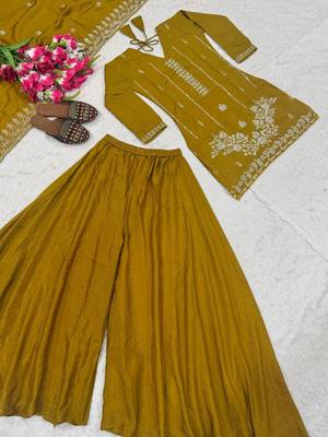 Trendy mustard embroidered kurti with flared palazzo and dupatta set 4