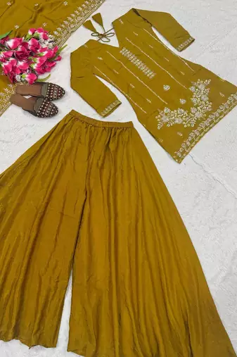 Trendy mustard embroidered kurti with flared palazzo and dupatta set