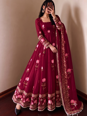Women's red ethnic lotus floral thread work anarkali gown with straight pants & embroidered border dupatta 1